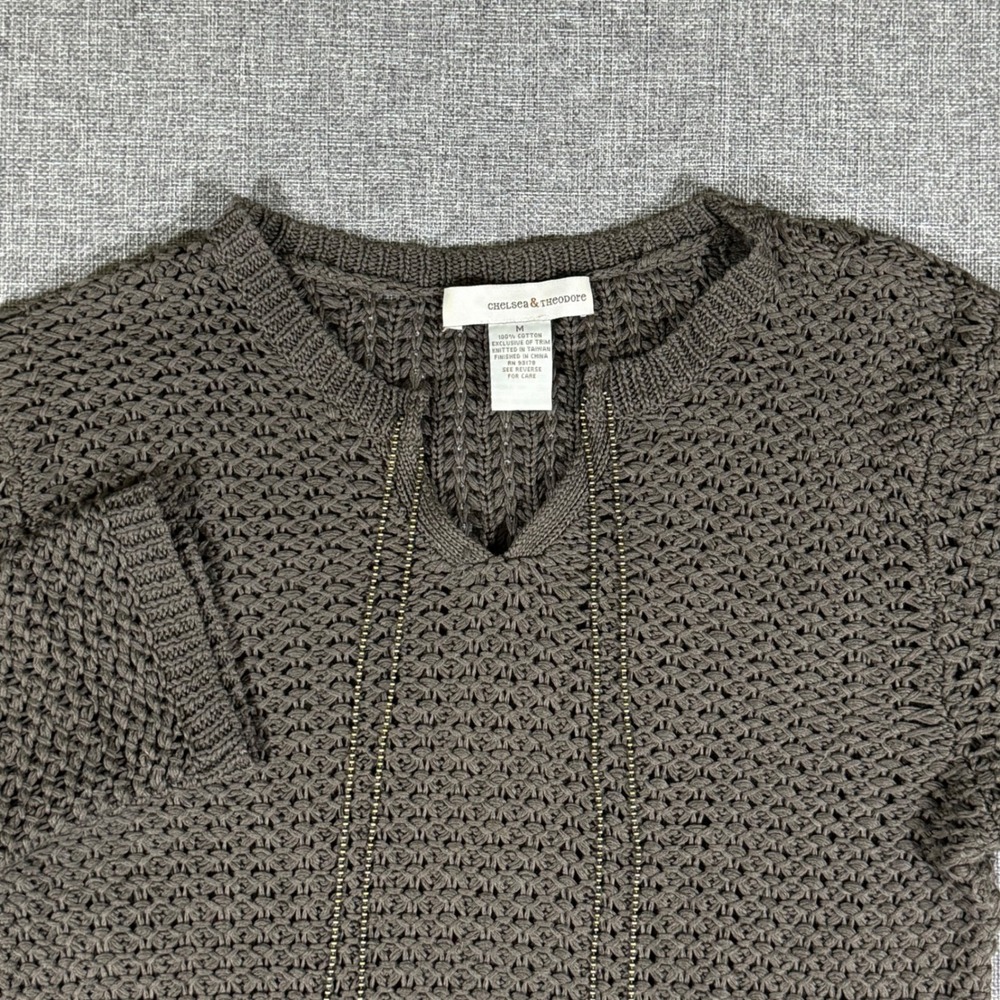 Chelsea & Theodore Crochet Sweater Womens M Brown Open Knit Boho Ball Chain Trim